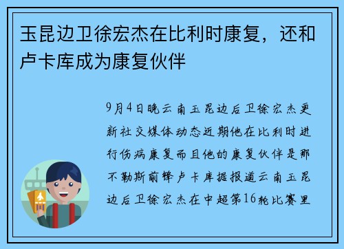 玉昆边卫徐宏杰在比利时康复，还和卢卡库成为康复伙伴
